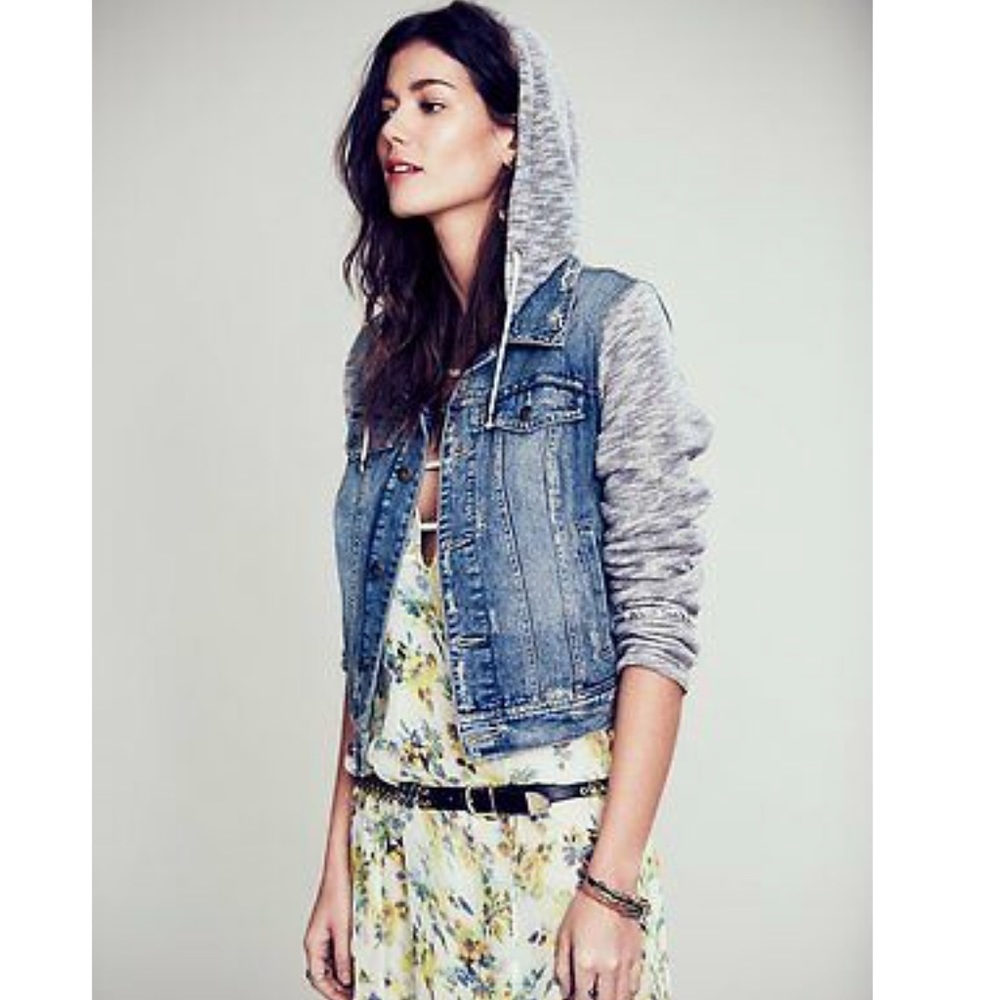 Free people denim jacket with sweatshirt sleeves